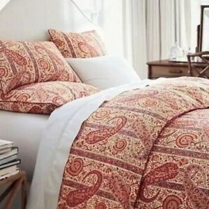 RARE Pottery Barn KING Paisley Duvet Cover Stripe Floral Red Blue Gold PB Ribbon